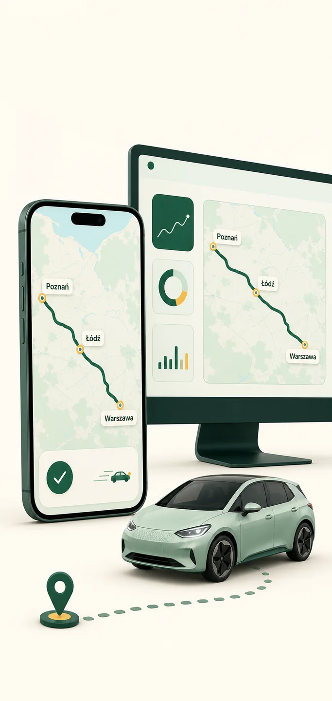 Telefon rejestrujący trasę Warszawa – Łódź – Poznań obok panelu WWW
